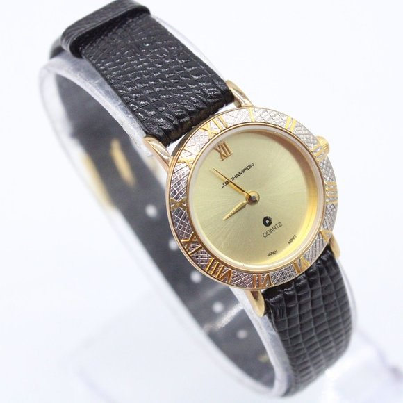 J.B Champion Watch Womens Gold Tone Stainless Steel Classic Black Leather Band - Picture 4 of 6